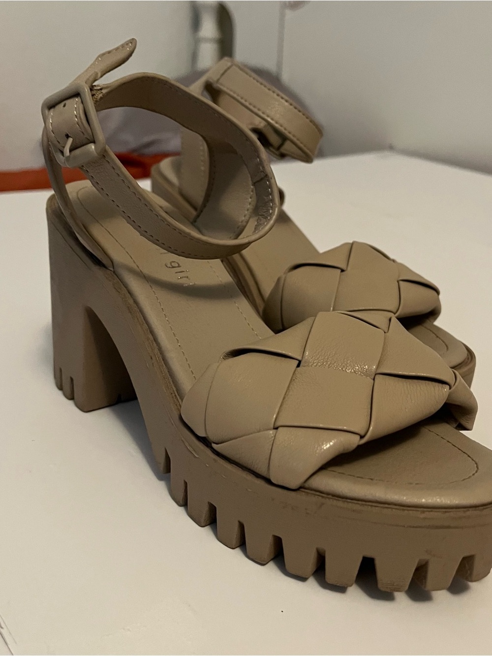 Chunky Woven Platform Sandals in Beige - Madden Girl